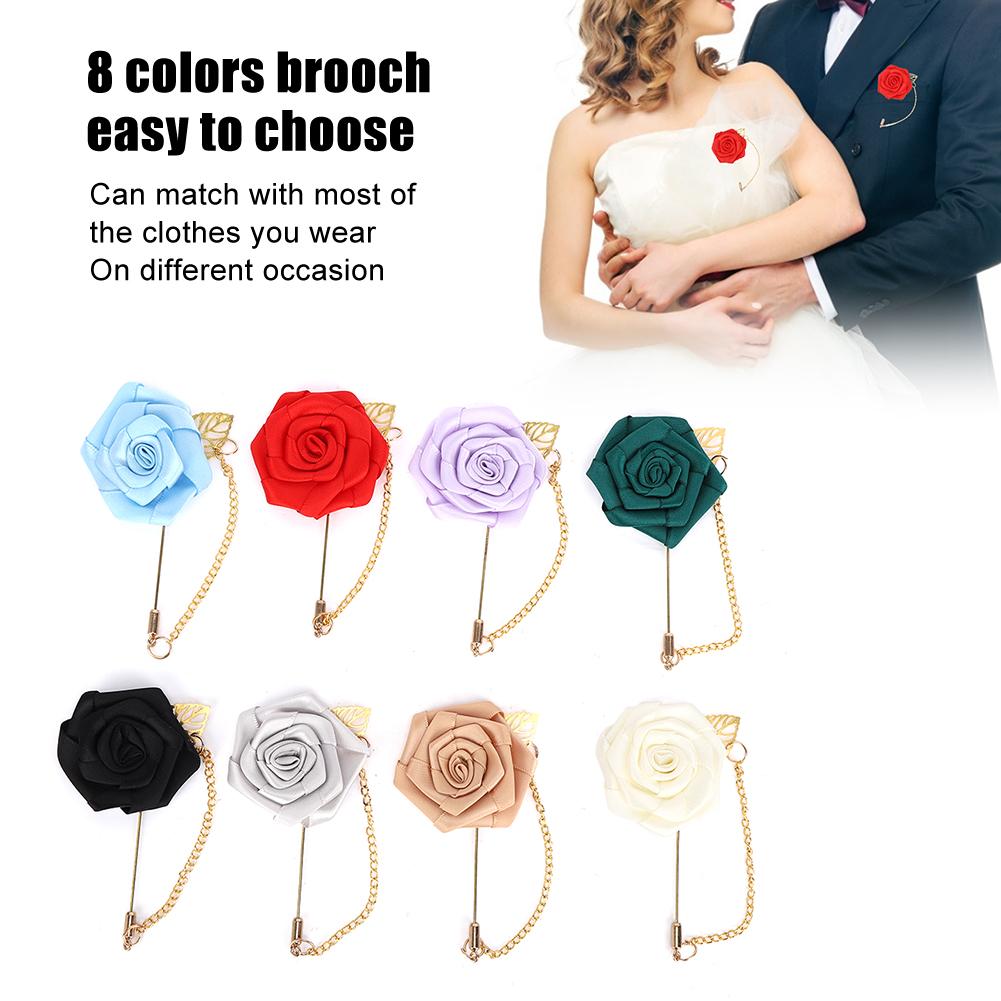 8PCS Simple Beautiful Ribbon Metal Golden Leaf Chain Bridal Rose Flower Brooch Pin Decoration