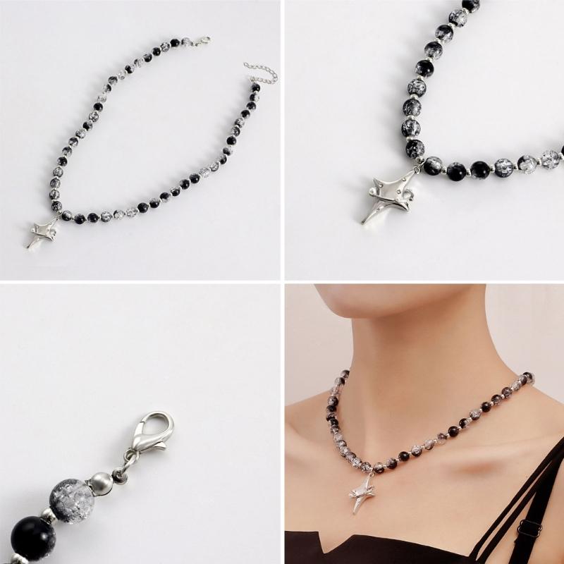 2023 Trend Crossed Star Necklace for Women Vintage Beaded Chain Alloy Necklace Pendants Fashion Aesthetic Y2k Jewelry
