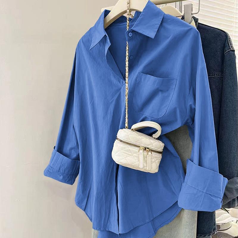 

Spring Autumn Polo-neck Solid Color Casual Fashion Cardigan Shirt Women Long Sleeve Simple All-match Blouse Top S синій