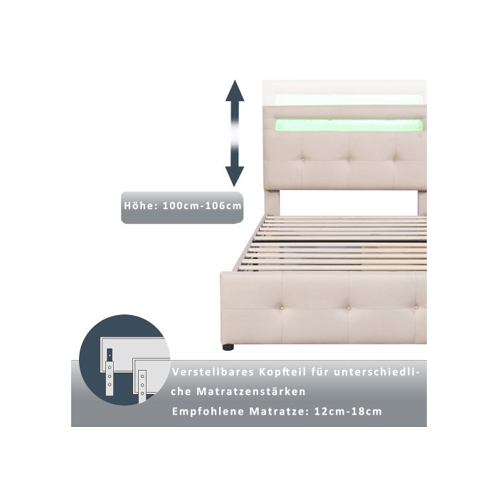 Lit 90x200 cm - MUVOE - Rembourré - Éclairage LED - 2 tiroirs - Beige