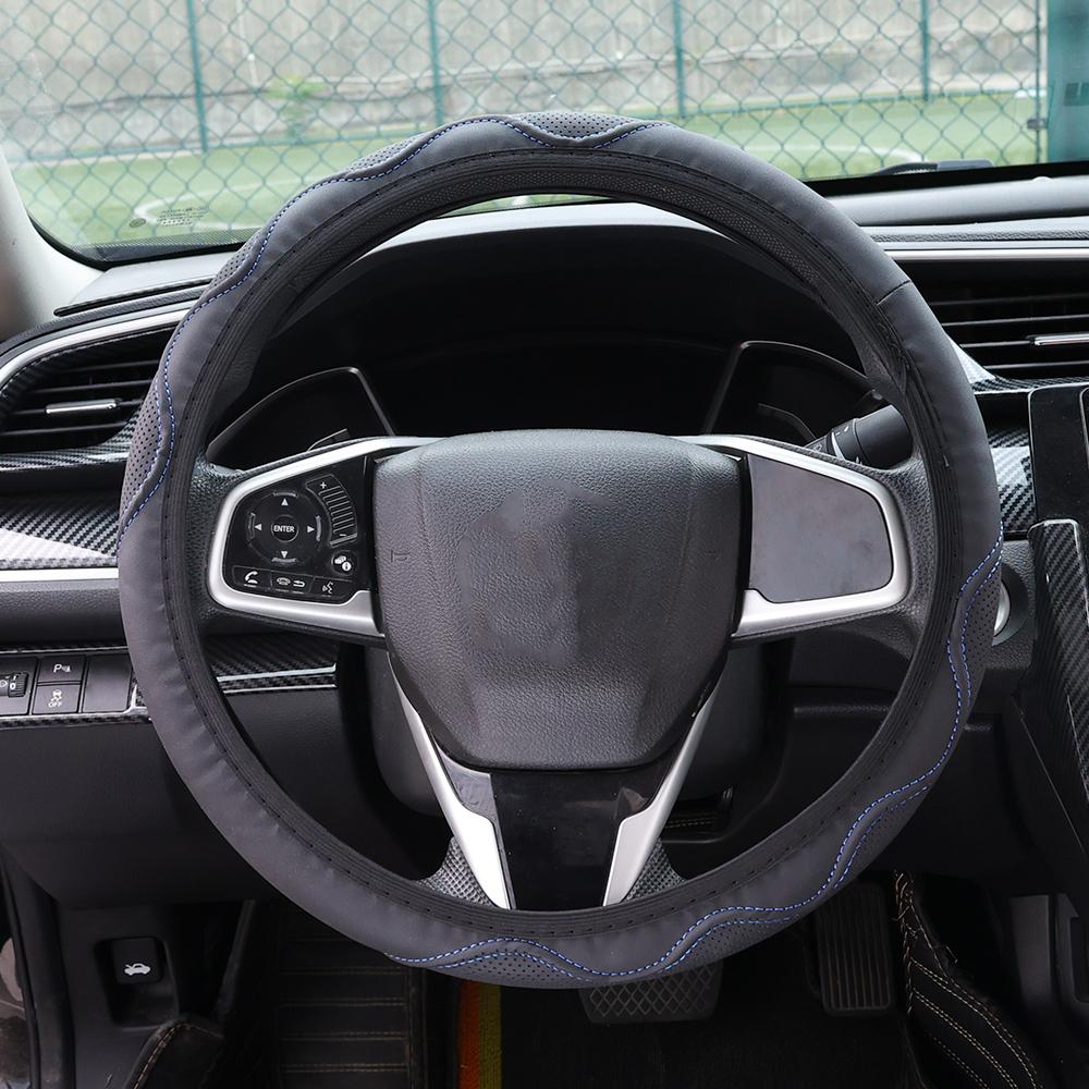 Steering Wheel Cover 37-38cm Summer Winter Universal PU Leather Embossed Corrugated Steering Wheel Cover Non-slip Heat-resistant