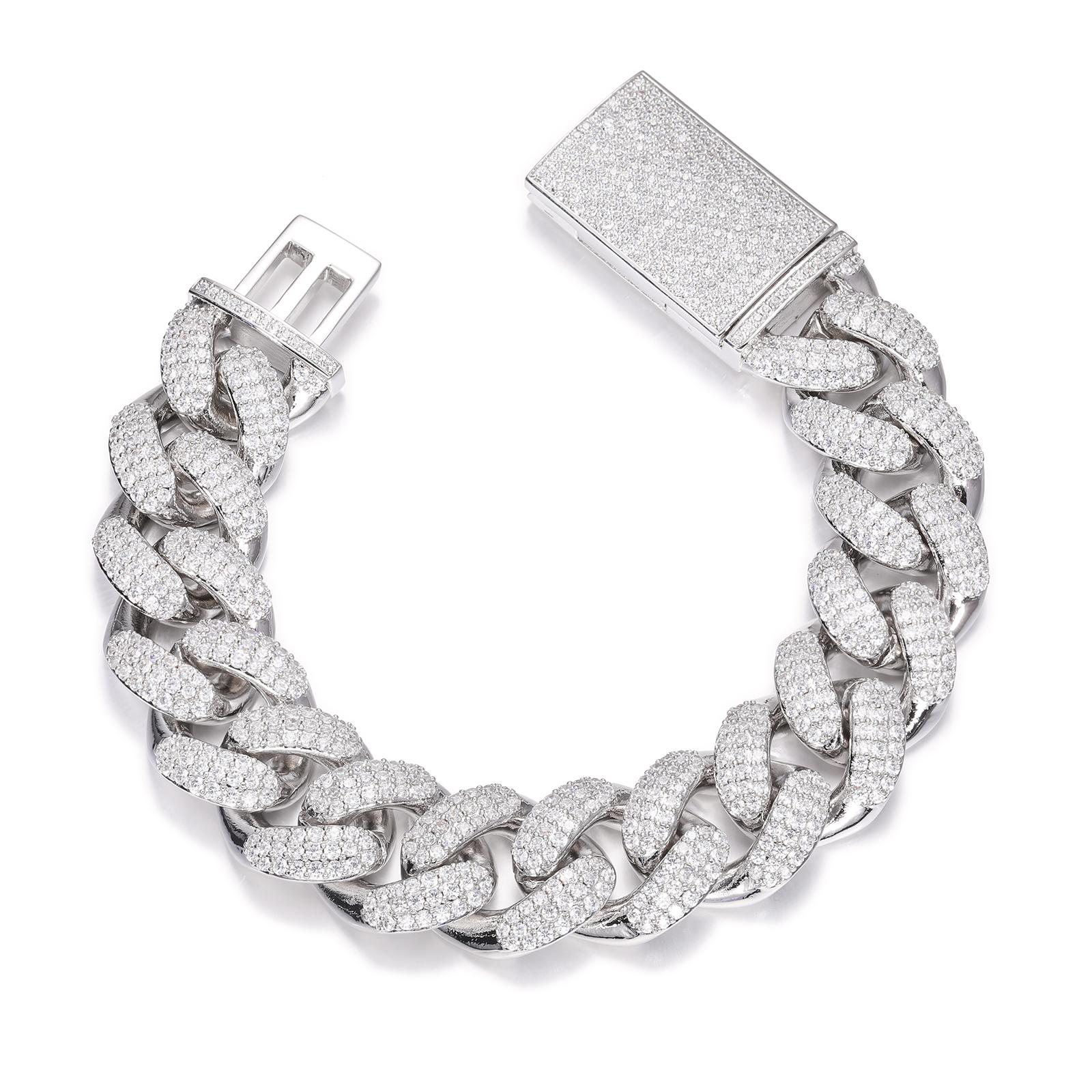 High-quality Trendy 18mm 18K Gold Plated Hip-hop Moon-shaped Cuban Bracelet with 3 Rows Unisex Bracelet&7inches(17.78cm) серебряный