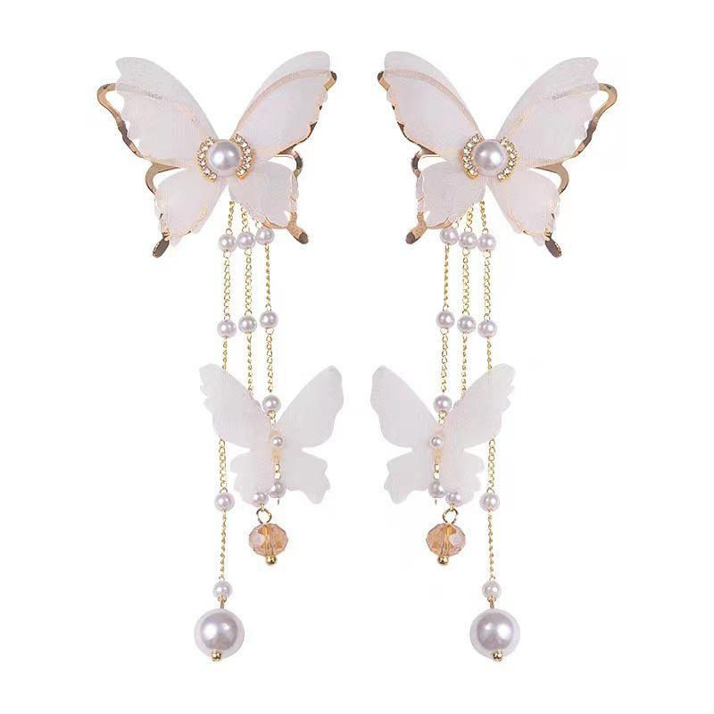 Korean Butterfly Tassel Earrings with Lace, Rhinestones, and Pearls