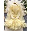 Fairy Skirts 2025 New Atmosphere V-neck Three-Dimensional Flower Lace-up Waist Hugging Frill Chiffon Dress Women