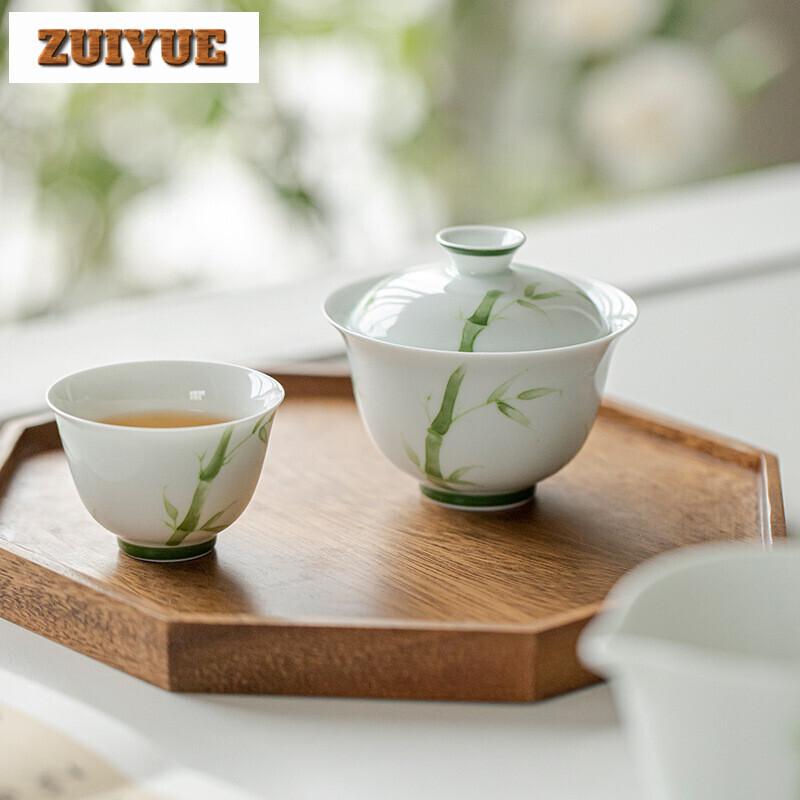130ml Jade Mud Handmade Cover Bowl Household Hand-painted Green Bamboo Gaiwan Luxury Anti Scald Tea Tureen Tea Making Craft Gift