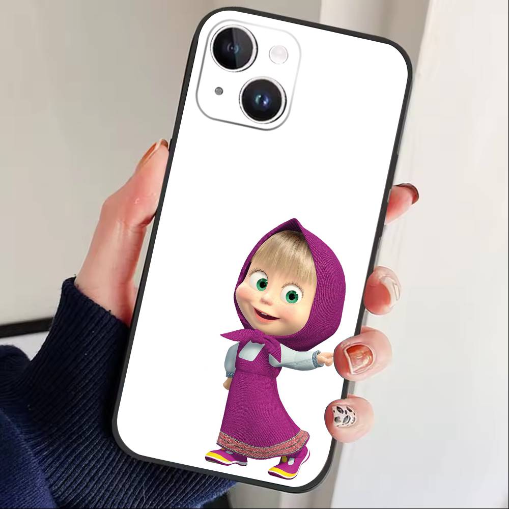 Cute Masha and the Bears Phone Case For iPhone 17 16 15 14 13 12 Max Plus Silicone Black Cover