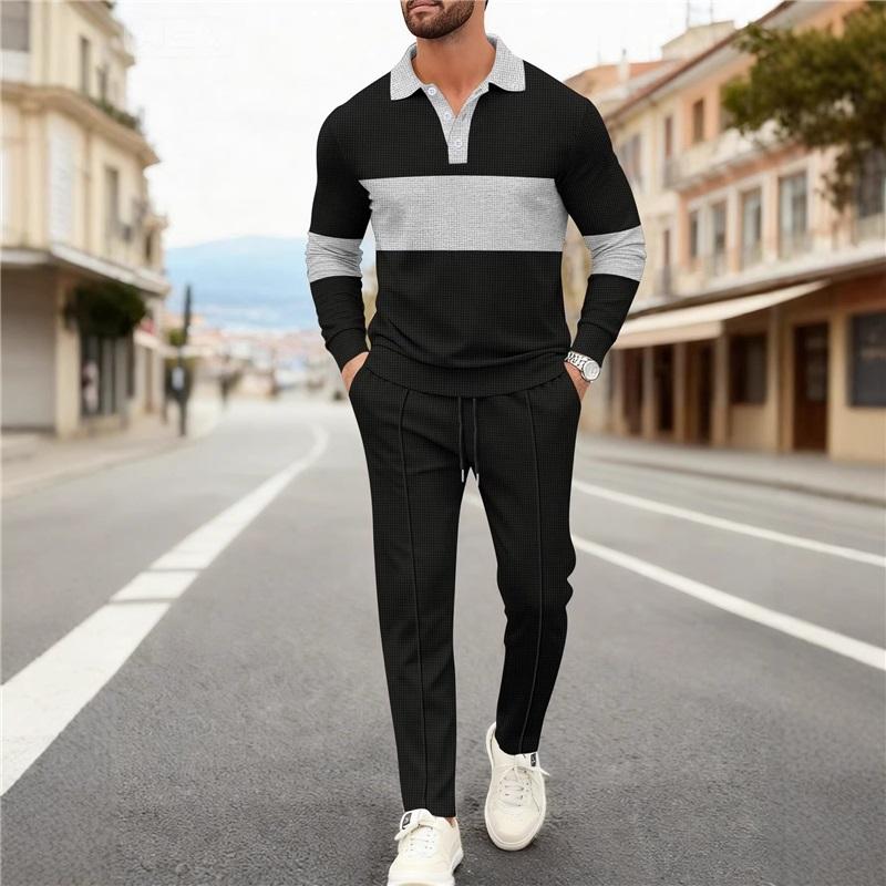

Men s 2 Piece Casual Set Color Block Long Sleeve Polo Shirt & Jogger Pants Tracksuit L чёрный