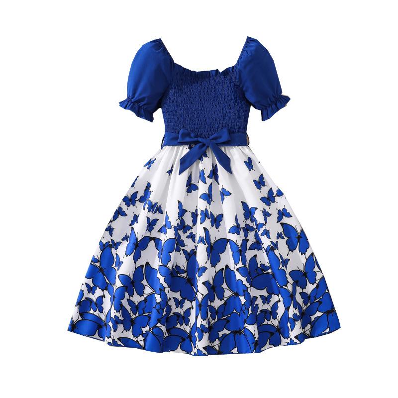 Girls' Dress - Spring/Summer Children's Fashionable Square-neck Butterfly-print Fitted Princess-style Dress