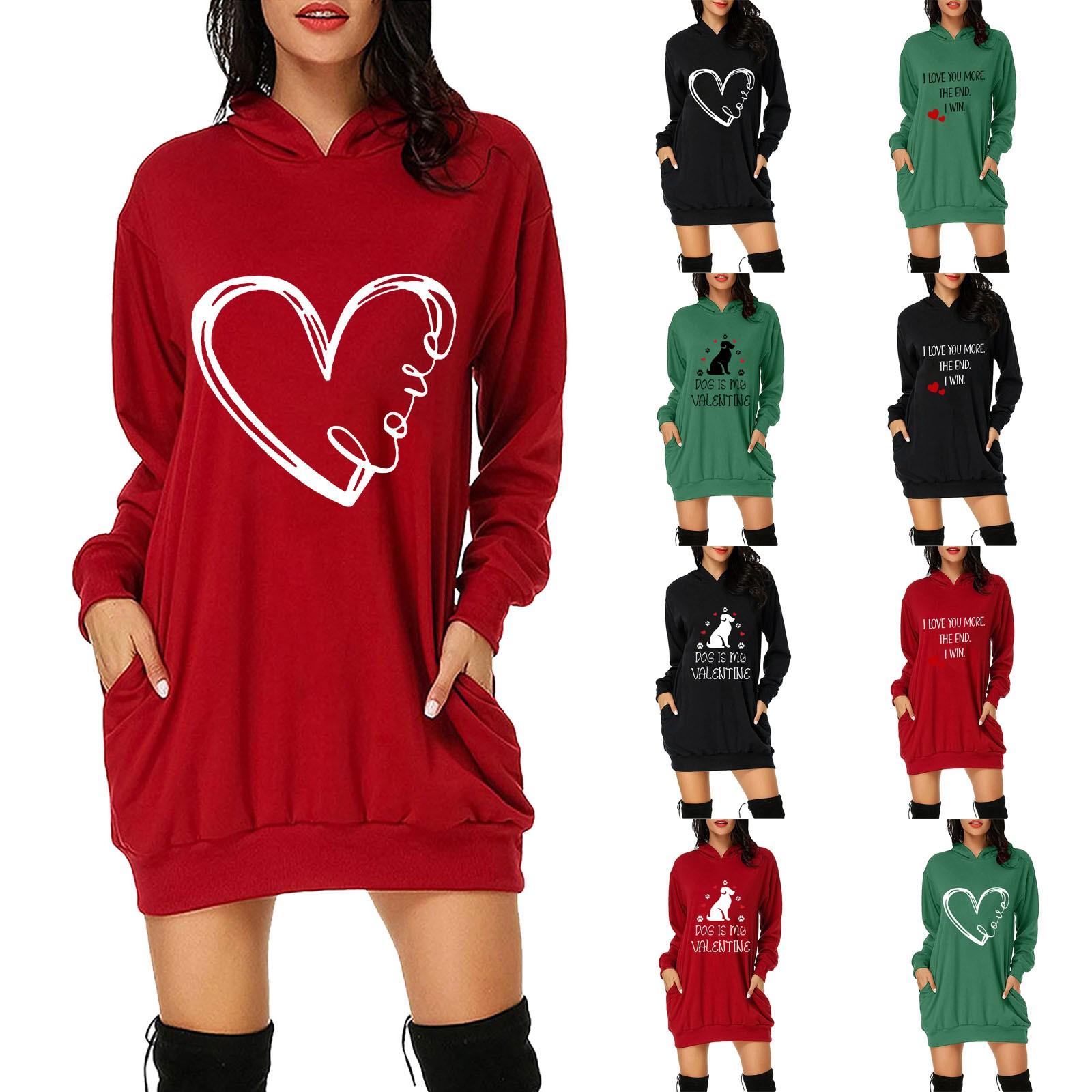

Женская толстовка на день святого Валентина, платье с принтом, платье с капюшоном и карманом, платье с длинными рукавами, толстовка