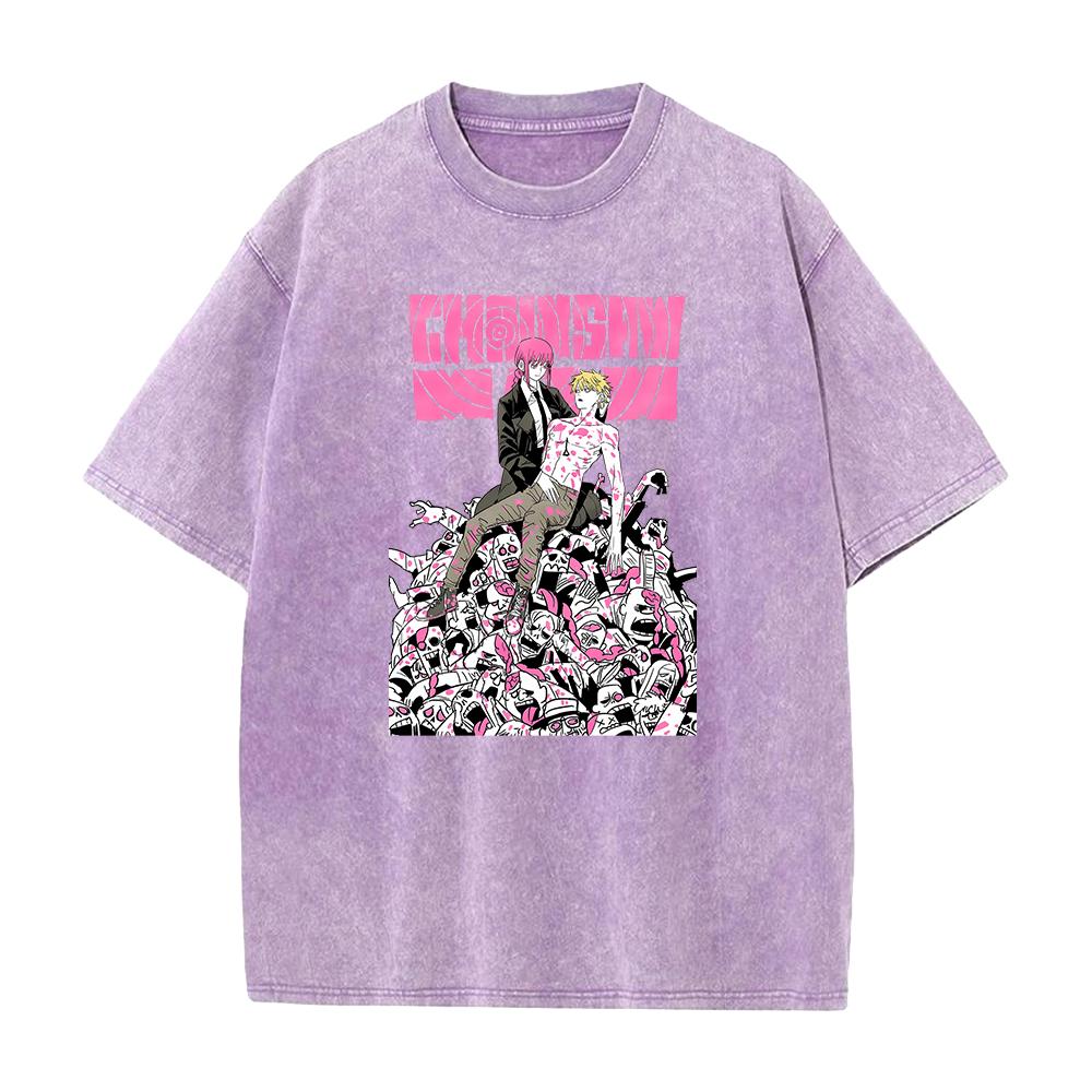 Anime Chainsaw Man Tshirt Denji Makima Print T Shirt Men Women Clothing Short Sleeve Cotton Tee Vintage Washed Oversized Tshirt