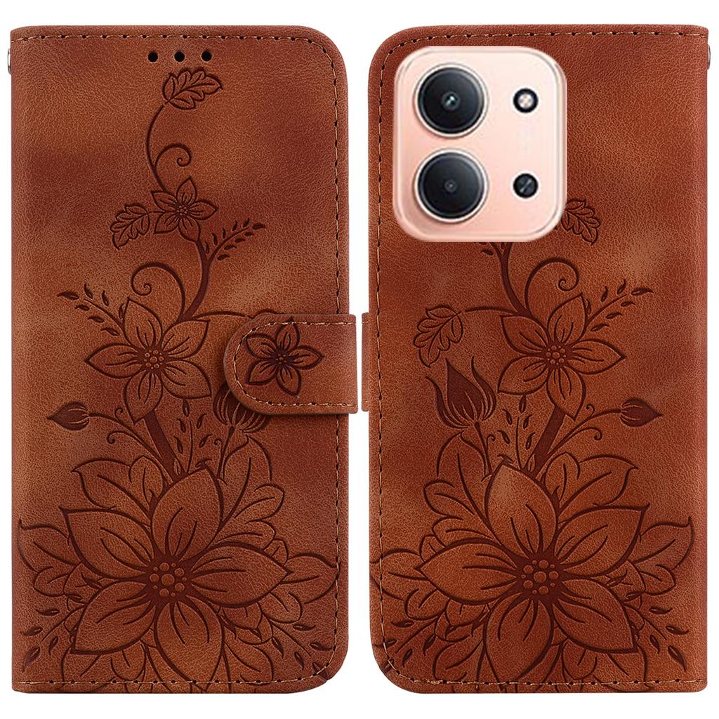 For Xiaomi Redmi 15C 5G (EU) (173mm)/15C 4G (EU) (173mm) Stand Case Lily Flower Imprint Leather Phone Cover with Wrist Strap