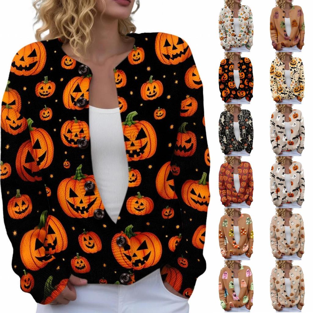 Women's Halloween Knit Button Front Cardigan Sweater for Festive Occasions