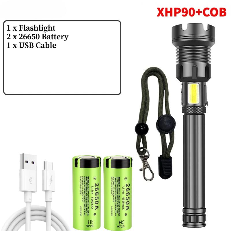 Super Powerful XHP90.2 LED Flashlight USB Rechargeable Tactical Light 26650 Battery Zoom Camp Torch Waterproof Hunting Light