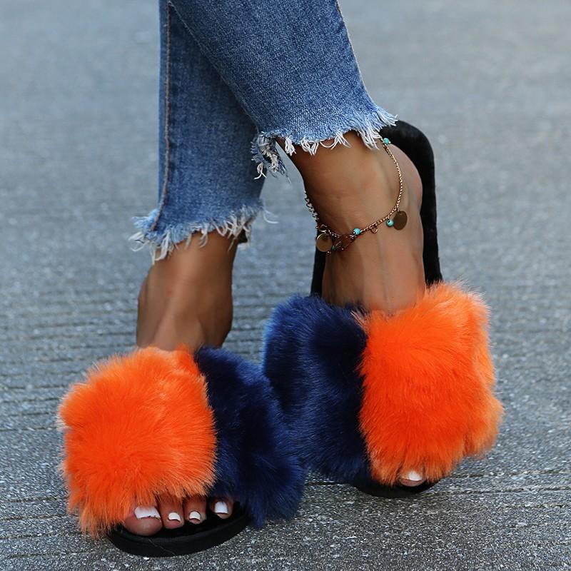 Stylish and comfortable light mouth spot niche design color matching flat heel flat bottom fluffy open-toed women's cotton slippers