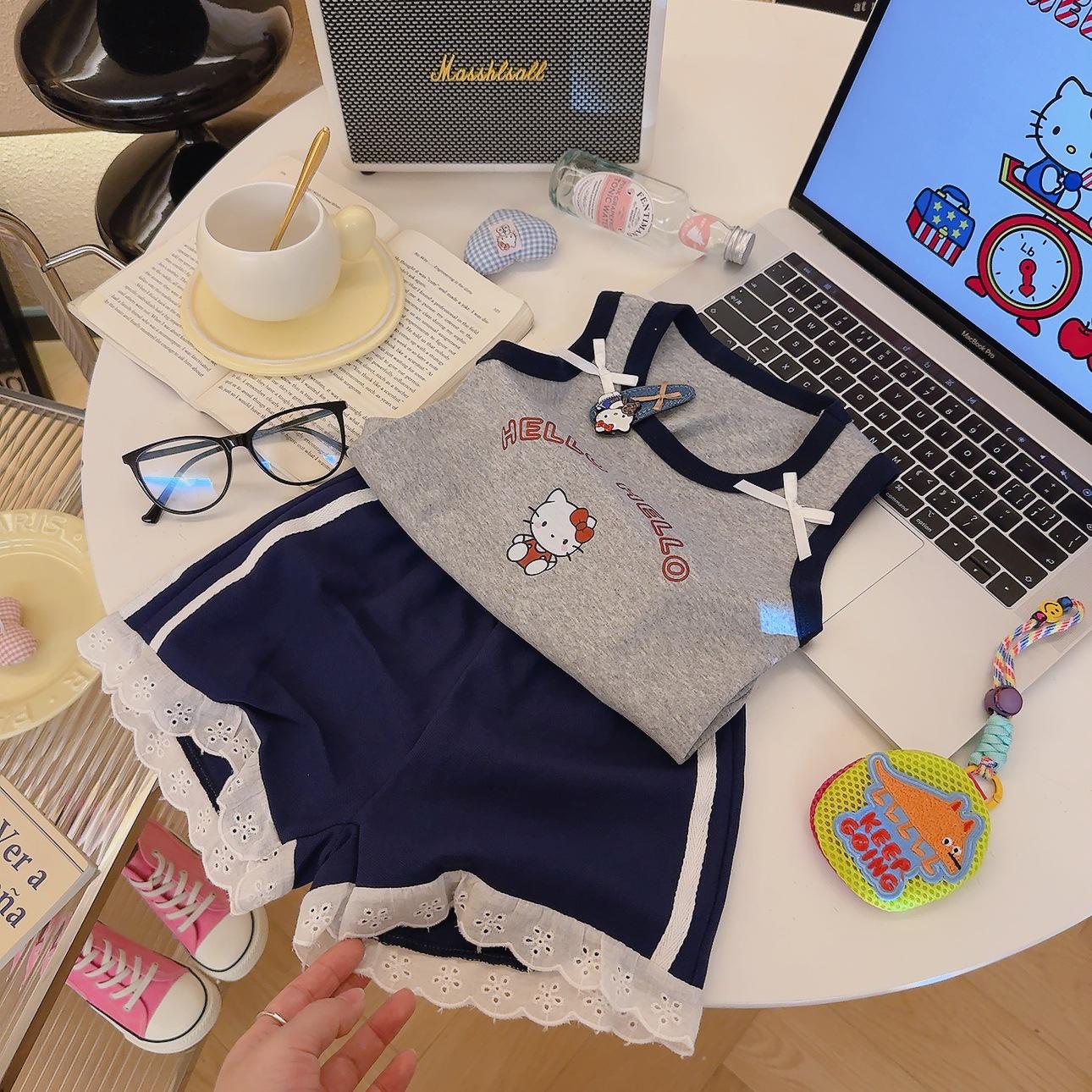 2026 New Girls 3D Bow Cartoon Print Vest and Lace Shorts Summer Set 80cm