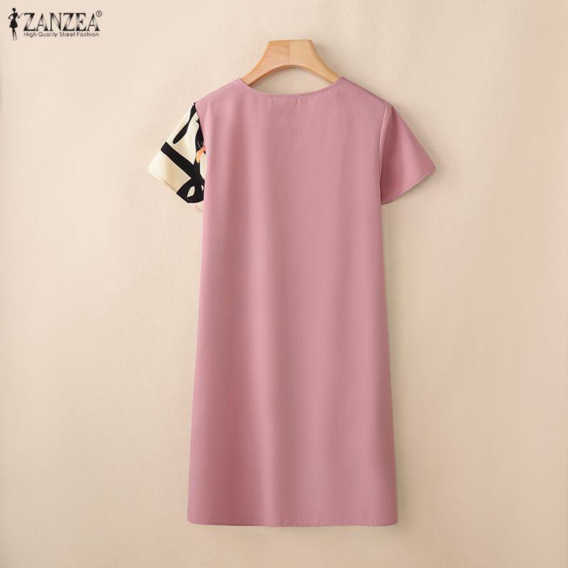 ZANZEA Women Casual V-Neck Short Sleeve Loose Print Patchwork Dress