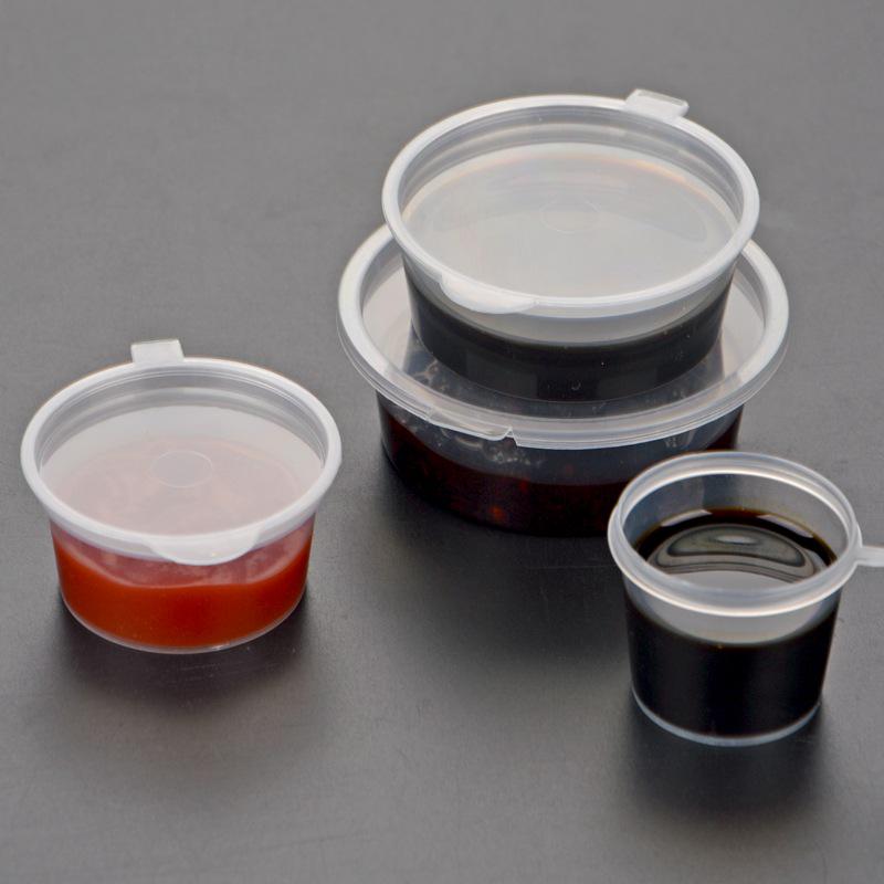100 Tazzine di Plastica Monouso per Salse con Coperchio - Ideali per Polpa di Frutto della Passione, Salsa Piccante, Salsa di Soia e Condimenti
