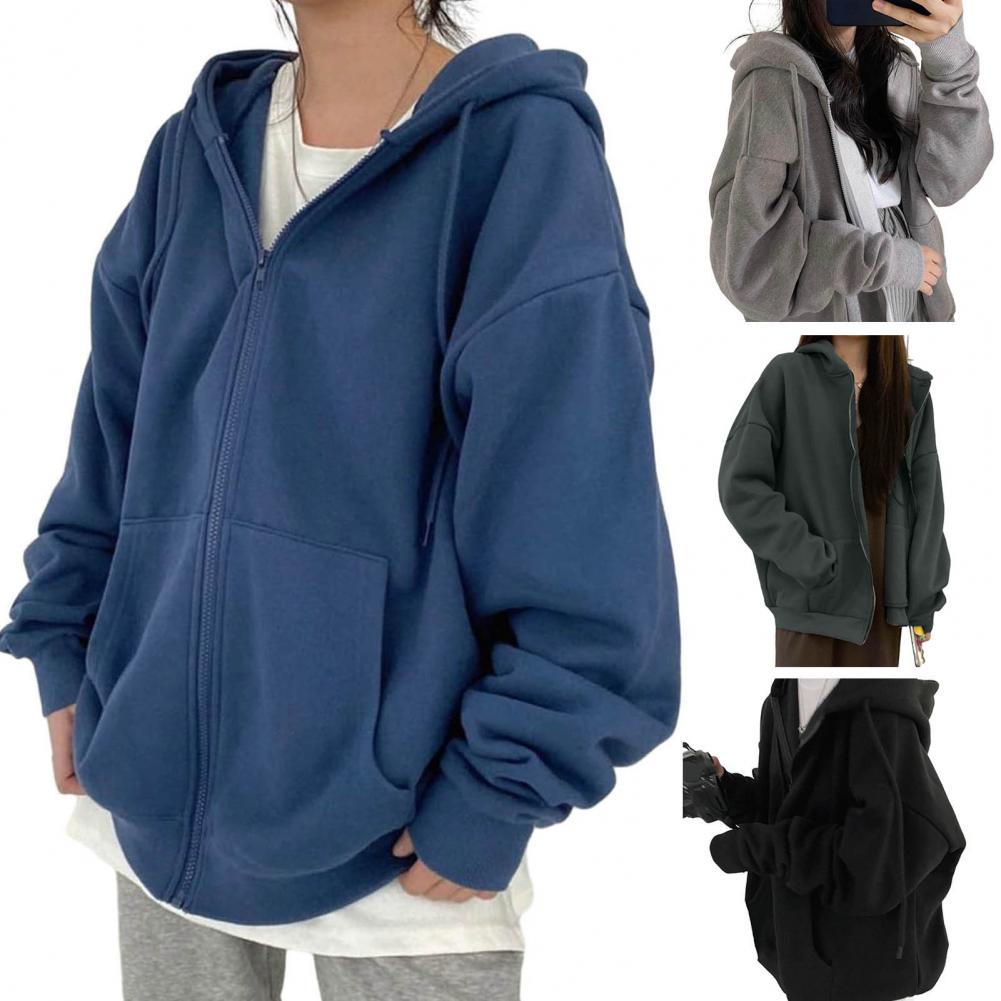 Women Winter Coat Zipper Closure Thick Hooded Long Sleeve Drawstring Loose Solid Color Pockets Elastic Cuff Lady Autumn Jacket