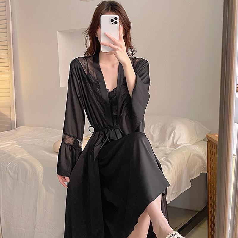 Satin texture silk nightdress new lace sexy ice silk elastic nightgown women's suspender skirt set long nightdress