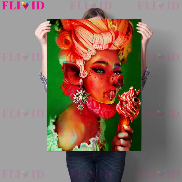 Cute and Terrifying Pink Girl Retro Wall Art Oil Painting Red Peach Girl, Zombie Laurie, Gothic Moon Girl Art Poster