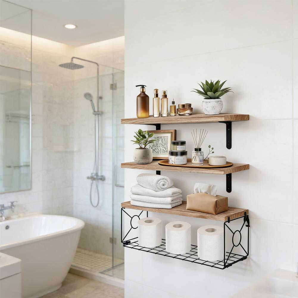 Wall Mounted Shelf Rustic Wooden Bathroom Wall Shelf with Metal Basket Over Toilet Floating Storage Organizer Rack for Home