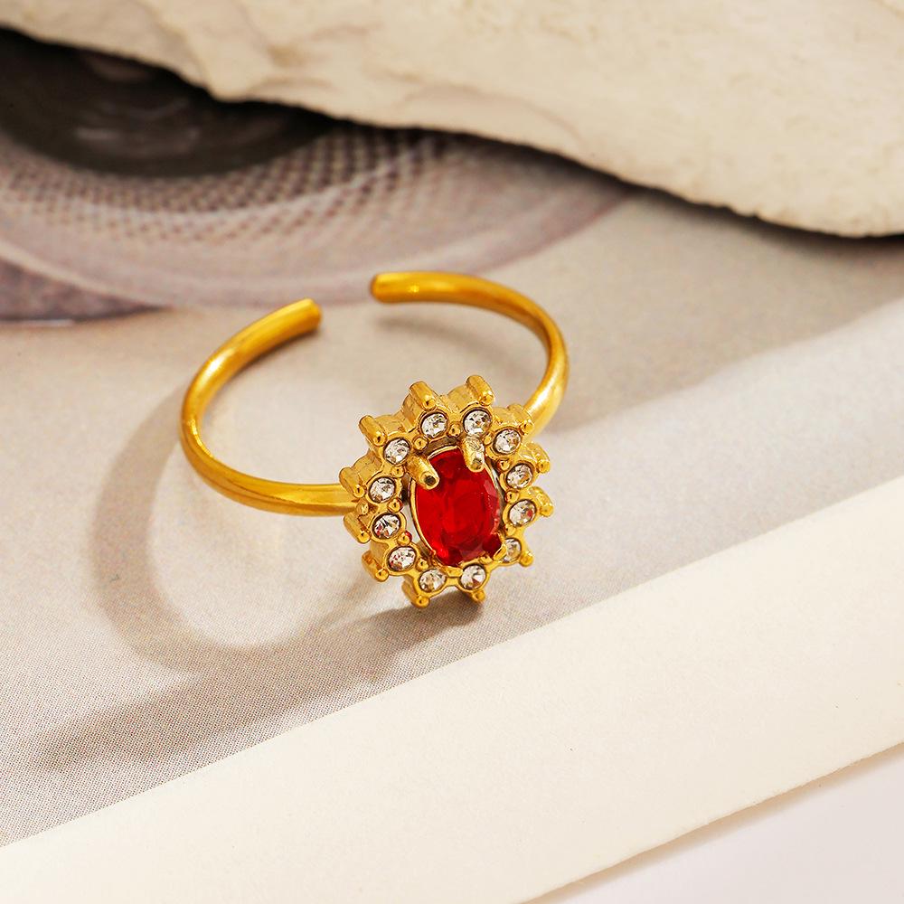 18k Gold-Plated Stainless Steel Open Ring with Sun Red Zirconium - High-End, Non-Fading Design for Women