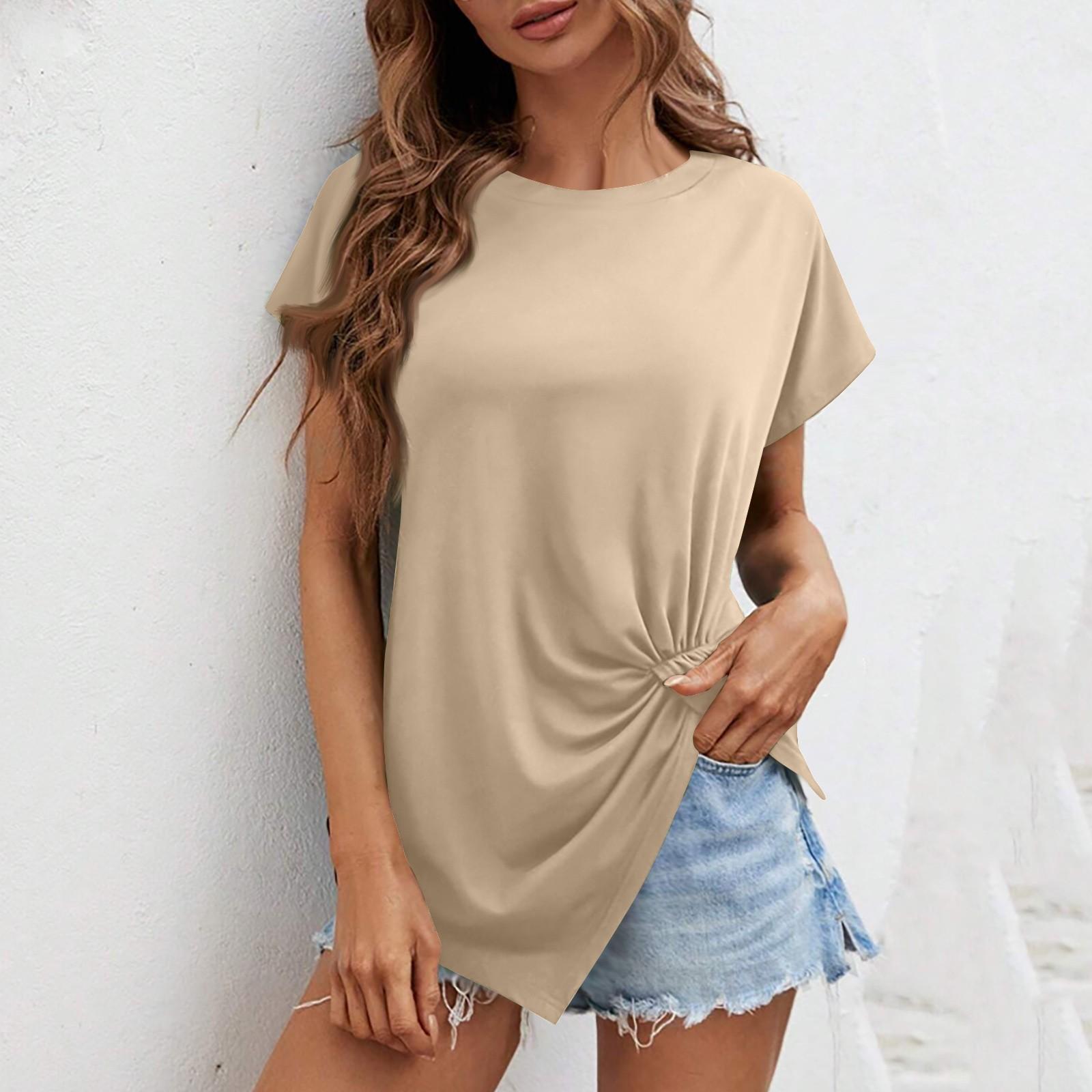 

Новая женская однотонная футболка с круглым вырезом и нерегулярным подолом с короткими рукавами L бежевый
