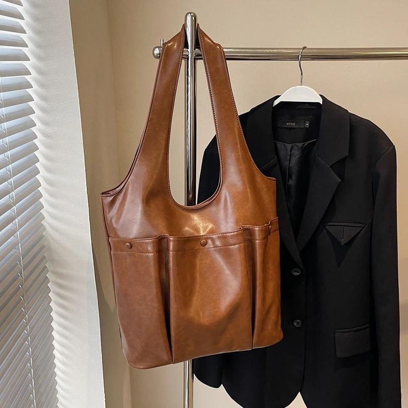 

Большая сумка-тоут из искусственной кожи в стиле ретро для женщин 2025 года, новые трендовые сумки Y2K для женщин, дорожные сумки через плечо в корейском стиле коричневый