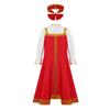 Girls Russian Costume Round Neck Puff Sleeve Gold Embroidery Knee Length Dress Beautiful Headpiece Traditional Set