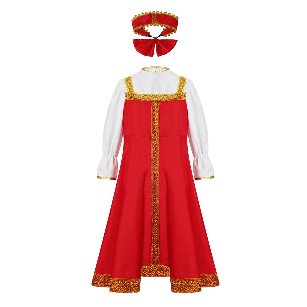 Girls Russian Costume Round Neck Puff Sleeve Gold Embroidery Knee Length Dress Beautiful Headpiece Traditional Set
