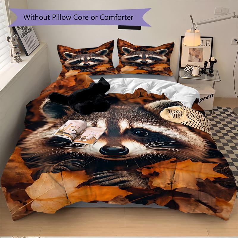 3pcs Raccoon, Autumn Leaves Duvet Cover Set - Machine Washable, Includes 1 Cover and 2 Pillowcases, No Core Included yy251013096