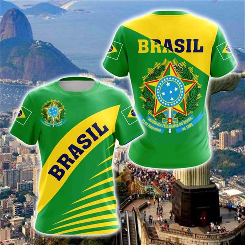 Quick Dried Brazilian Football T-shirts Men's Brazilian Flag Printed Short Sleeve Summer Sports Fitness Wear Fashion Men's Tops