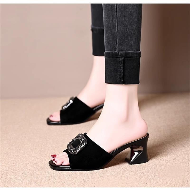 High-heeled slippers women's summer wear 2025 non-slip soft-soled one-word slippers square head thick-heeled sandals medium-heeled open-toed sandals