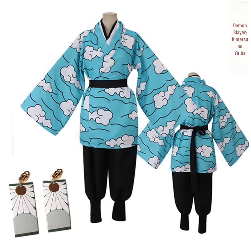 

Children s Demon Slayer Tanjiro Kamado Cloud Style Cosplay Costume Set with Earrings 120