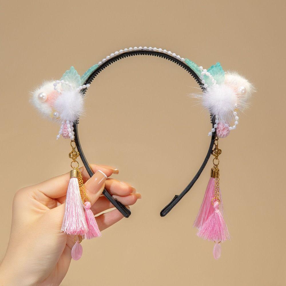 Red Flower Tassel Headband Chinese Style New Year Headwear Traditional Hanfu Wig Headband  Children