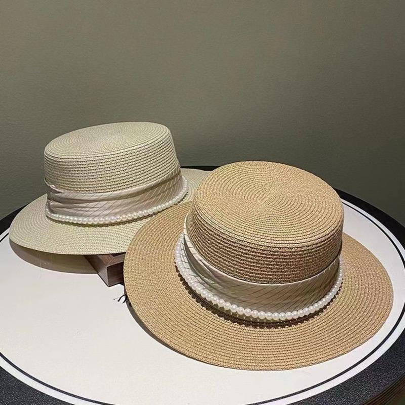 Meimeier Women's new summer retro french pearl straw hat - perfect for beach trips, flat top socialite style