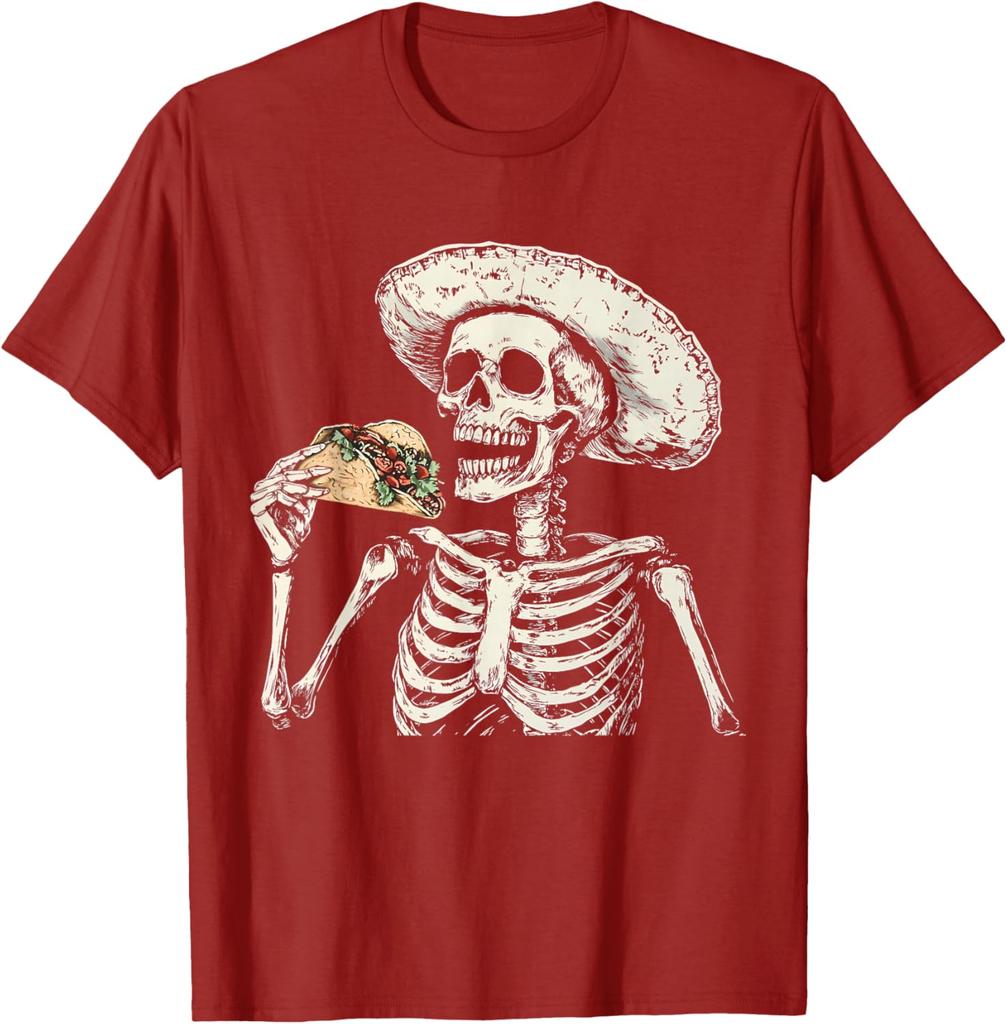 Skeleton Eating Taco Sombrero Graphic Tee Mexican Dia De Muertos Lover Casual Cotton T-Shirt