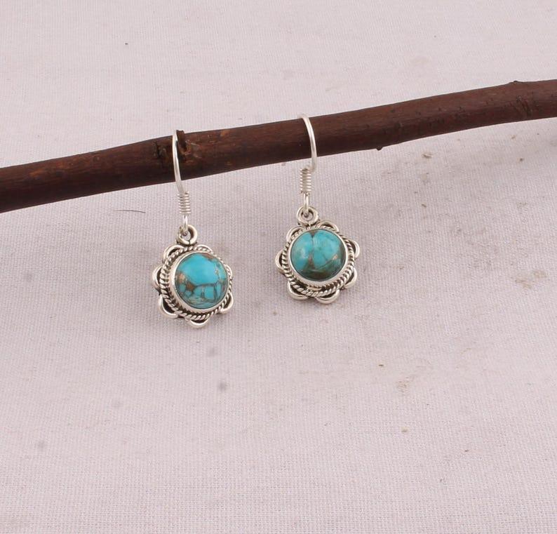 Solid 925 Sterling Silver Blue Copper Turquoise Gemstone Earring, Handmade Jewelry, Bohemian Earrings