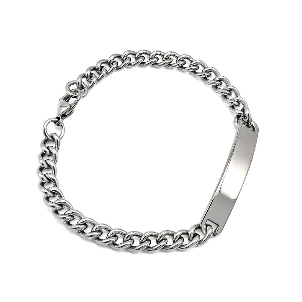 PVD Stainless Steel Custom Name Engraved Couple Silver Bracelet & Cuban Link Chain Personalized ID Bar Bracelet for Men & Women