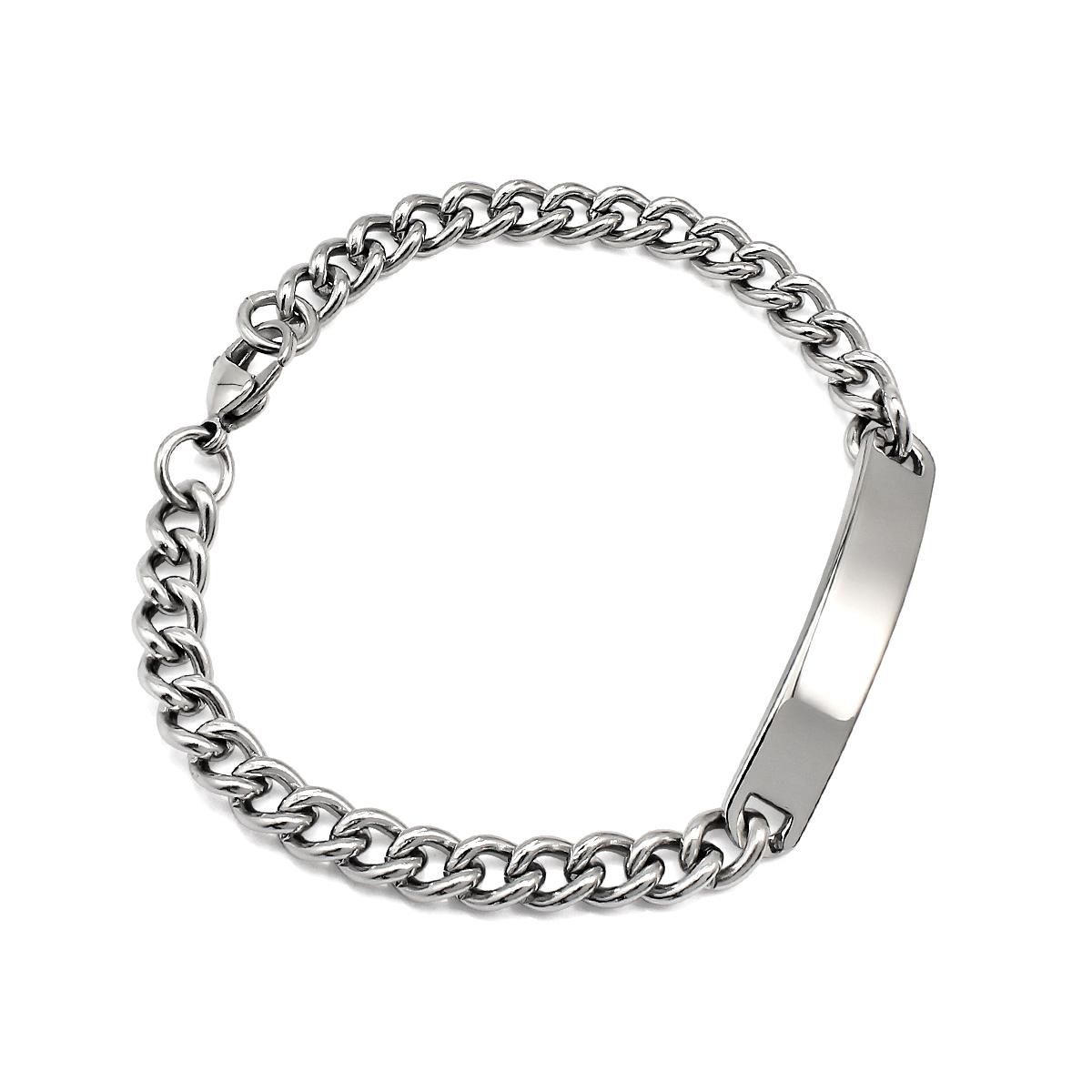 

PVD Stainless Steel Custom Name Engraved Couple Silver Bracelet & Cuban Link Chain Personalized ID Bar Bracelet for Men & Women
