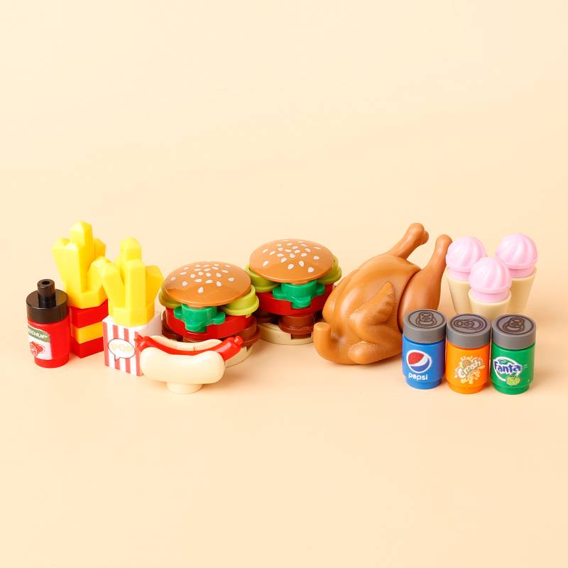City Food Building Blocks Character Accessories Printing Set Fish Mushroom Fruit Burger Refrigerator Hot Dog Pizza Basin Toy