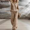 Herbst Braun Leopardendruck Set Langarm Slim Fit Sweatshirt Vintage Lässige Hose Damen