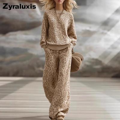 Conjunto Castanho Outono Estampa Leopardo Moletom Manga Longa Slim Fit Calças Casuais Vintage Feminino