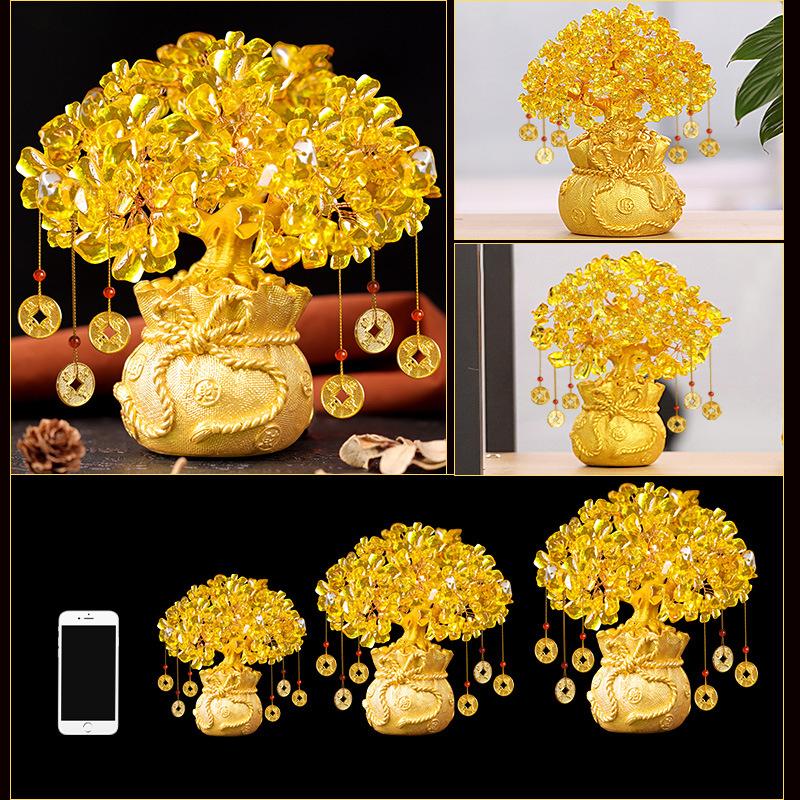 Lucky Golden Fortune Tree Wealth Yellow Crystal Tree Money Tree  Bonsai Style Wealth Luck Feng Shui Ornaments Home Decor Crafts
