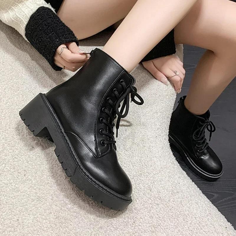 White Chunky Platform Combat Boots Women  Back Zipper Pu Leather Ankle Boots Woman Punk Thick Bottom Motorcycle Botas Mujer