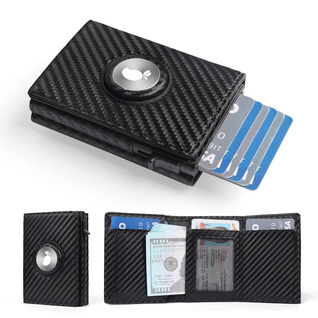 RFID-Blocking Carbon Fiber Airtag Wallet: Tri-fold Leather Anti-theft Card Holder for Men