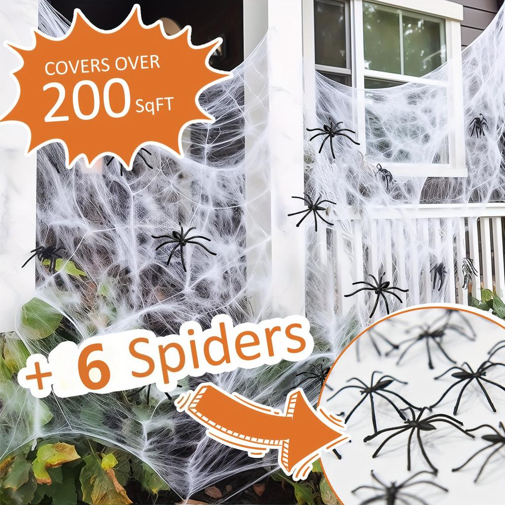 1 Set, 60 Soft Spider Webs Halloween Decorations with 6 Fake Spiders, Super Stretch Cobwebs for Halloween Indoor Outdoor