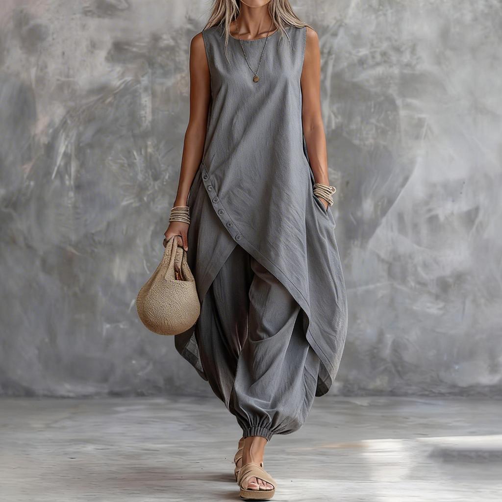 Women's Fashion Casual Colour Sleeveless Cotton Linen Pocket Dress