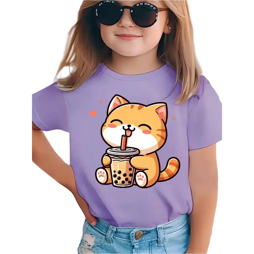 Cat Girl T-Shirt Short Sleeve Tees Girl Clothes Round Neck Top Fashion Junior Girls' Clothing Cute Outdoor Kids T-Shirts