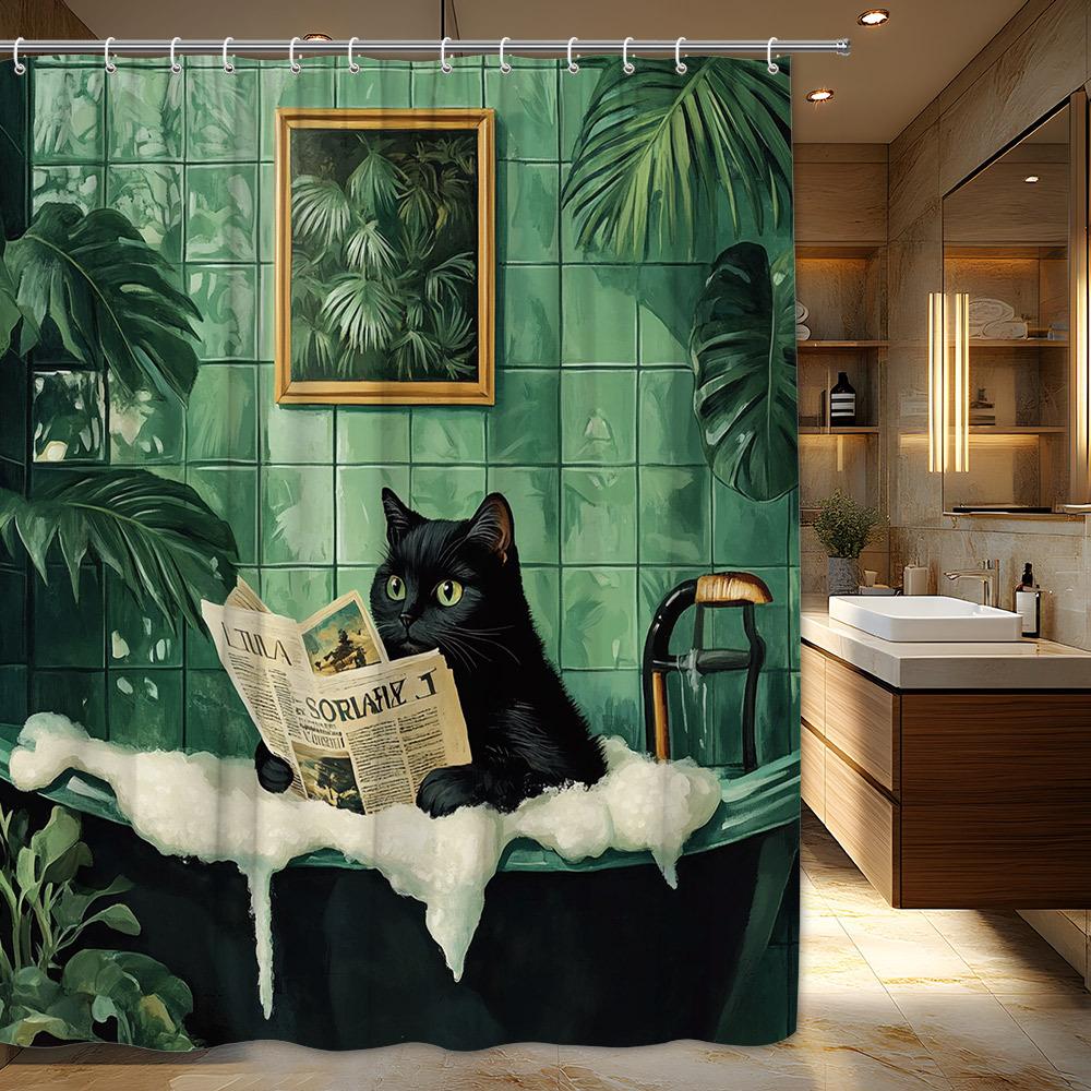 

1Pc Black Cat Reading Newspaper In Green-Tiled Bathroom Shower Curtain With Lush Green Plants & Framed Botanical Print W60H190(CM)-1 Pcs
